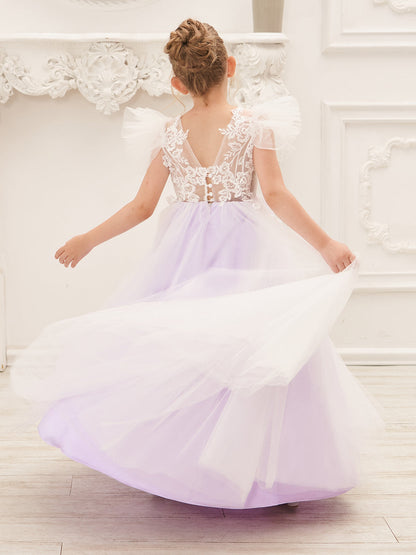 Detachable  Lace Tulle Sweep Train Flower Girl Dress