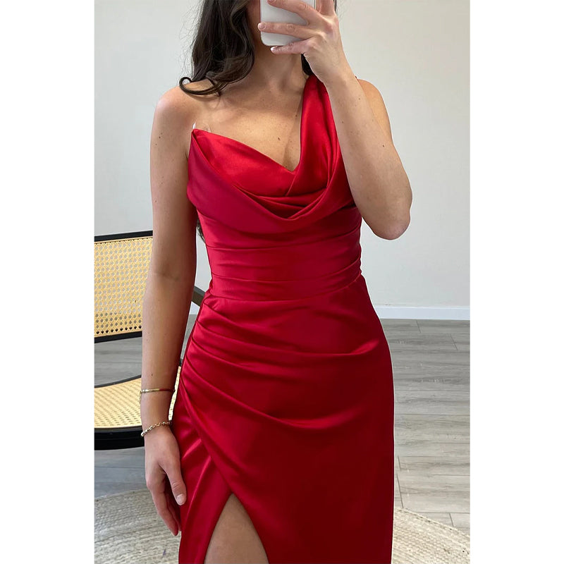 Sheath/column One Shoulder Pleast Red Long Prom Dress Evening Gown