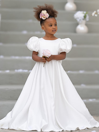 Puff Sleeve Bow Button Back Sweep Train Flower Girl Dress