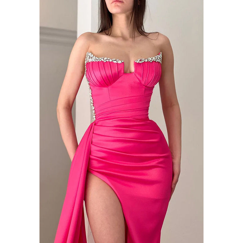 Strapless Beaded Ruched Satin Sheath Long Prom Gown With Slit