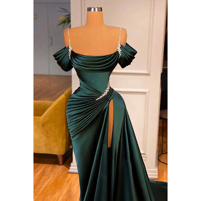 Spaghetti Straps Pleast Beads Side Slit Long Formal Evening Dress