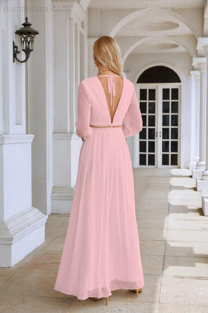 Ladies V Neck Chiffon Long Sleeve Front Slit Bridesmaid Evening Dress Wedding Party Shopping Evening Dress 28109-numbersea