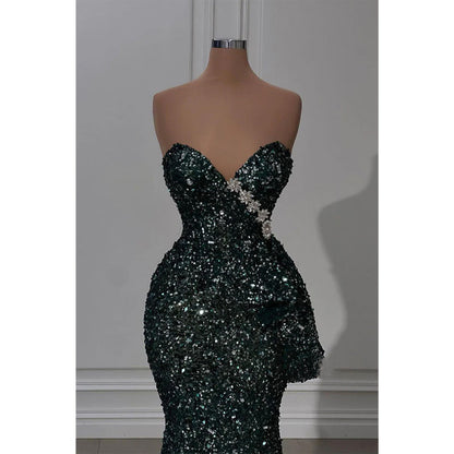 Sparkly Strapless Sequins Beaded Green Long Prom Dress Evening Gowns