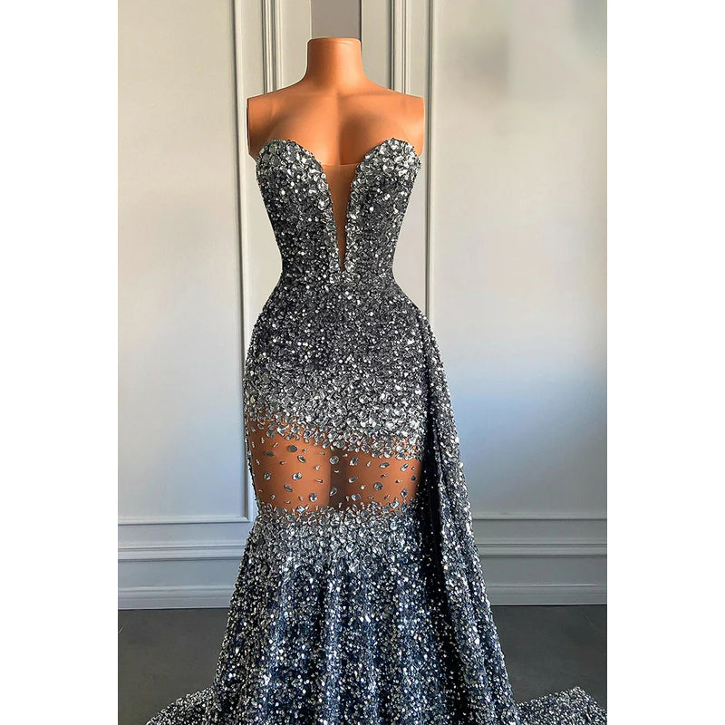 Sexy & Hot Fully Sequins V-neck Sleeveless Ruffles Mermaid Evening Party Prom Dress