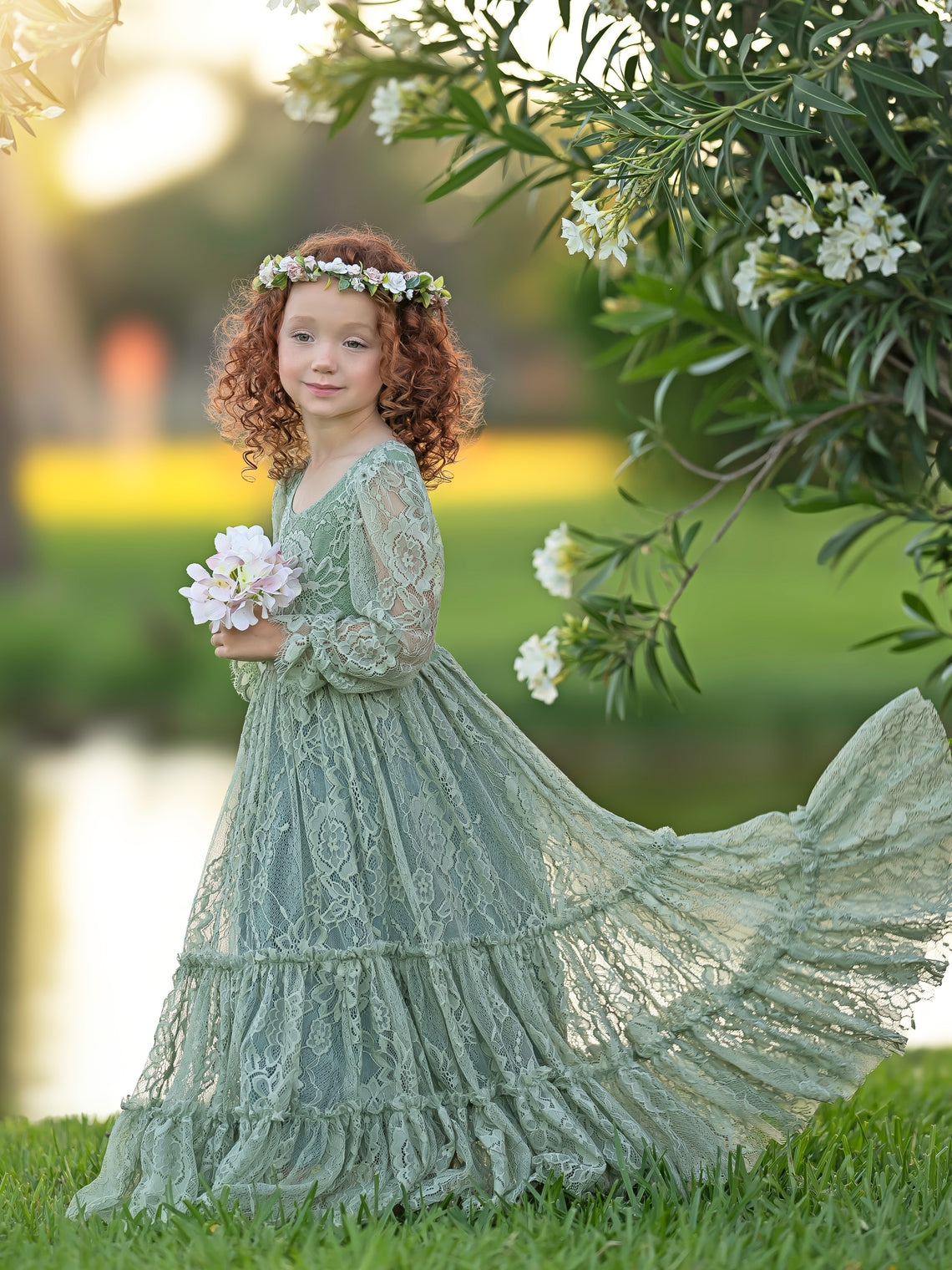 Lace Ankle-length Sage Green Boho Flower Girl Dress