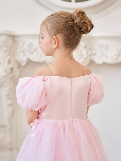 Puffy Sleeves Off-Shoulder 3D Floral Appliques Tulle Tea-length Flower Girl Dress