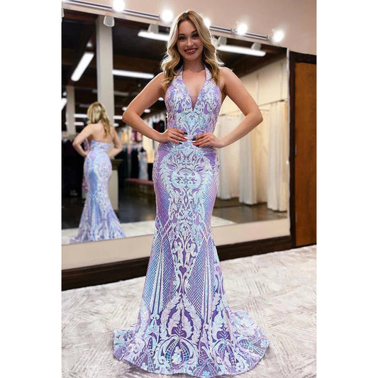 Glamorous Dramatic V-Neck Straps Mermaid Sequins Applique Formal Prom Dress