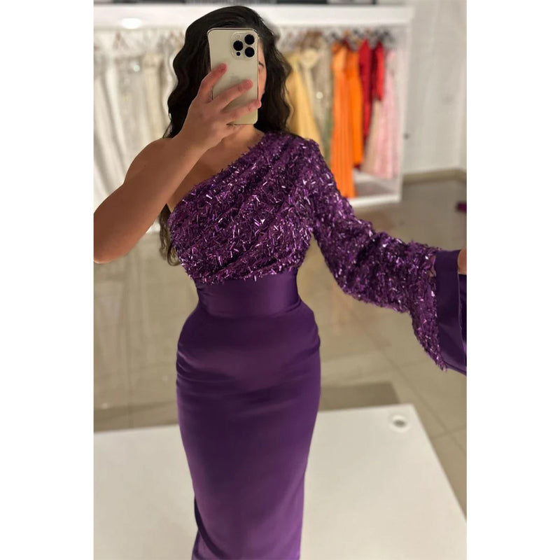 Purple One Shoulder Sequins Long Prom Dress Evening Gowns