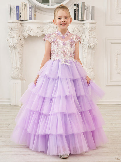 Lilac Tulle Princess Ball Gown with Floral Appliques and Beading for Girls