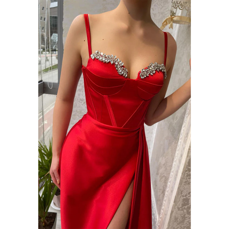 Spaghetti Straps Sweetheart Beads Red Long Prom Formal Dress