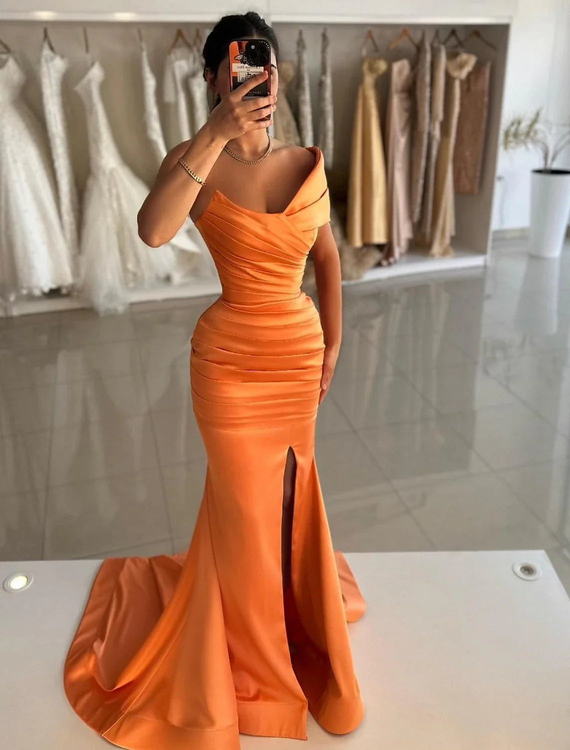 Elegant Dress Formal Prom Floor Length Sleeveless Off Shoulder Satin with Ruched Slit Prom Dresses