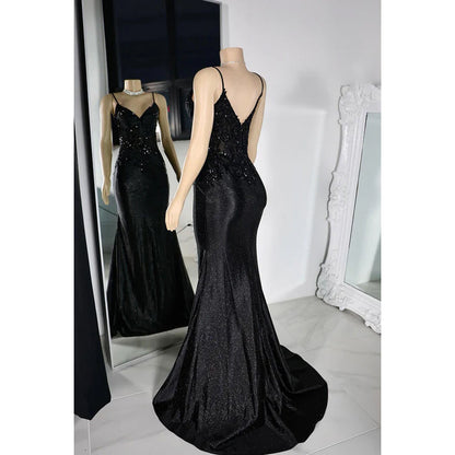 Glamorous & Dramatic Spaghetti Straps V neck Mermaid Sequins Evening Party Prom Dress