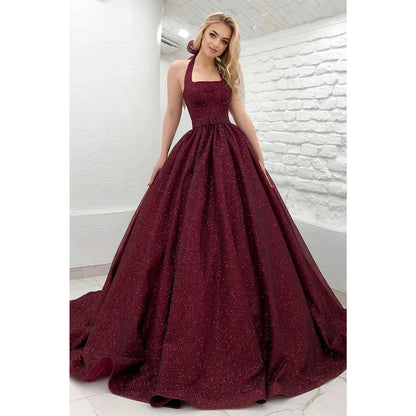 Unique Halter Burgunyd Long Prom Dress Glitter