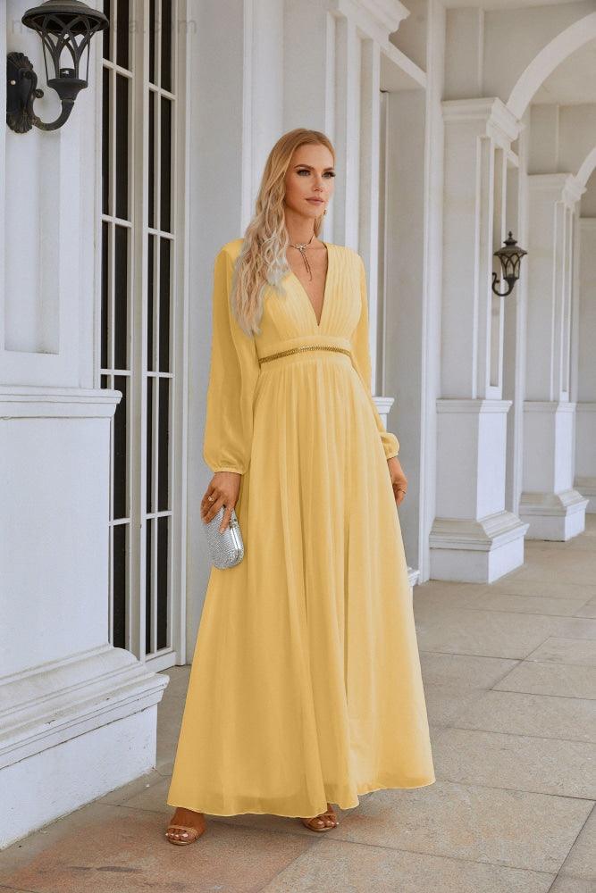 Ladies V Neck Chiffon Long Sleeve Front Slit Bridesmaid Evening Dress Wedding Party Shopping Evening Dress 28109-numbersea