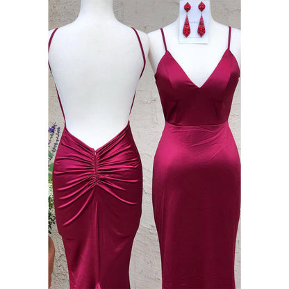 Plunging V-neck Simple Burgundy Mermaid Prom Dress