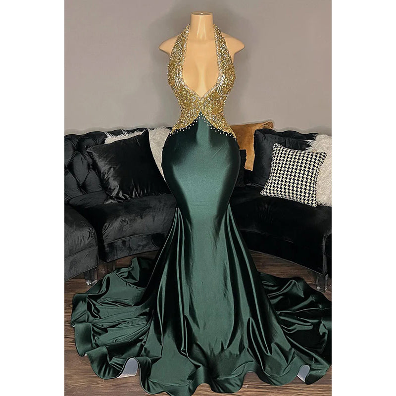 Trumpet/Mermaid V-Neck Satin Appliques Backless Sleeveless Prom Dress