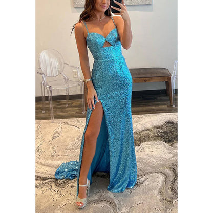 V-Neck Spaghetti Straps Sequined Cut Outs Sheath Long Prom Evening Dress