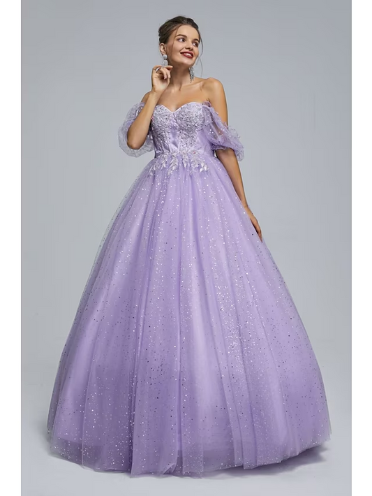 Ball Gown Prom Dresses Princess Dress Graduation Floor Length Short Sleeve Sweetheart Tulle with Sequin Appliques