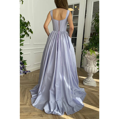 Double Straps Scoop High Split Satin A-line Long Prom Dress with Pockets