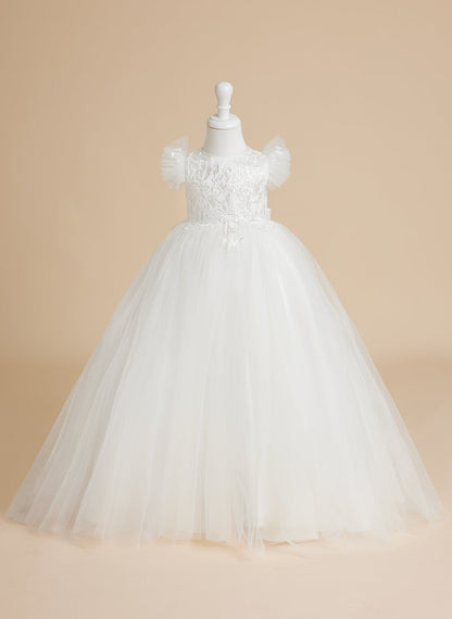 Ivory Princess Ball Gown with Lace Appliques and Tulle Court Train for Girls