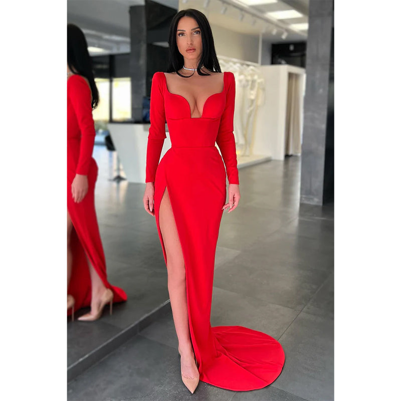 Sexy V-neck High Split Long Sleeves Formal Evening Dress