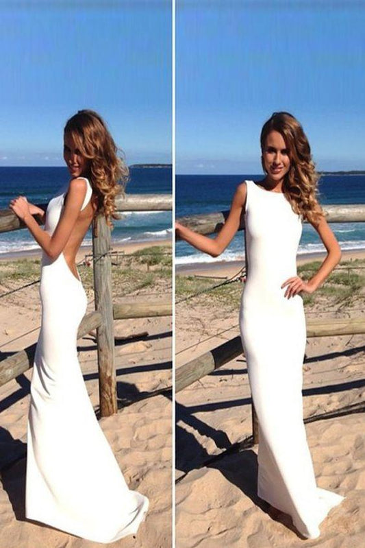 NumberSea Simple White Sheath Sleeveless Backless Floor Length Beach Wedding Dresses, MW215