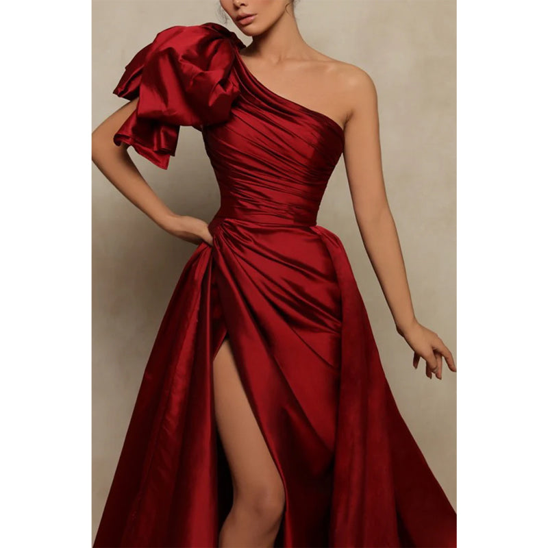 Sheath/column One Shoulder Satin Pleated Side Slit Burgundy Formal Evening Gowns