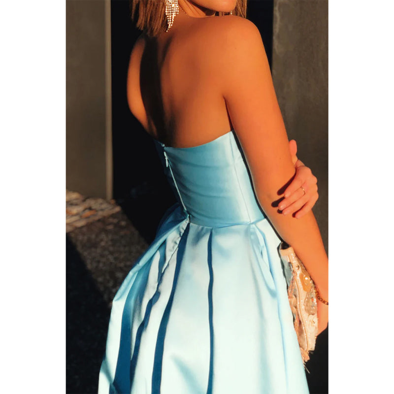 Strapless Light Blue Satin High Split A-line Prom Dress