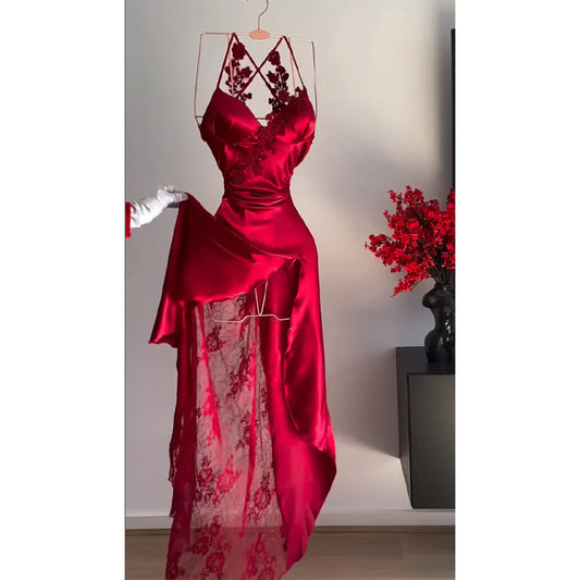 Spaghetti Straps V Neck Lace Burgundy Formal Party Dress