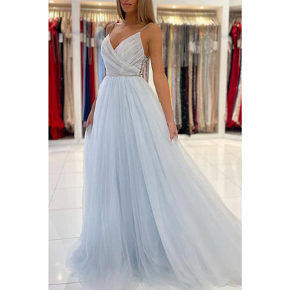 Spaghetti Straps V-neck Beads Long Prom Dress