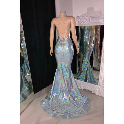 V-Neck Spaghetti Straps Sequined Sheath Long Prom Gown With Slit