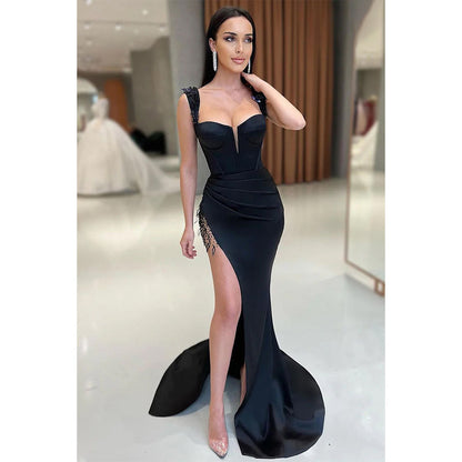 Double Straps Beads High Split Black Formal Evening Dress