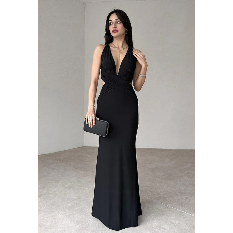 Simple & Casual Sheath/Column V-neck Sleeveless Halter Criss-Cross Straps Prom Dress