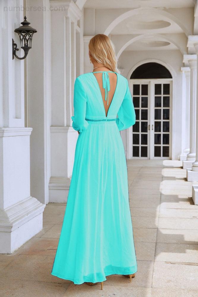 Ladies V Neck Chiffon Long Sleeve Front Slit Bridesmaid Evening Dress Wedding Party Shopping Evening Dress 28109-numbersea