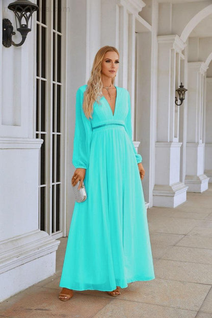 Ladies V Neck Chiffon Long Sleeve Front Slit Bridesmaid Evening Dress Wedding Party Shopping Evening Dress 28109-numbersea