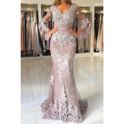 Unique Bat Sleeves Tulle Appliques Mermaid/trumpet Long Formal Evening Dress