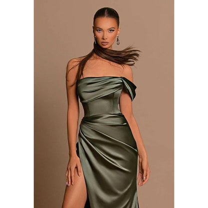 Strapless One Shoulder Ruched Long Prom Evening Dress With Slit