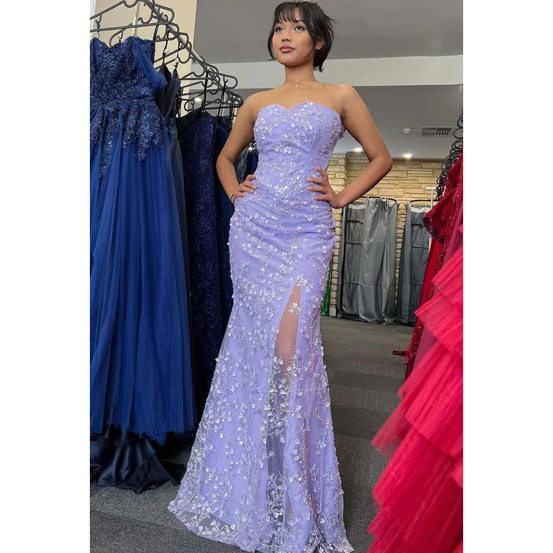 Strapless Appliqued Beaded Sheath Long Prom Gown With Slit