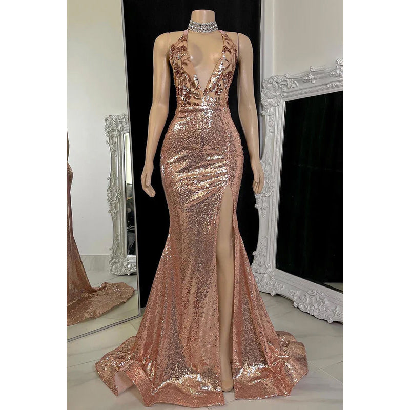 Gorgeous & Charming Mermaid Halter V-Neck Sleeveless Slit Sequins Evening Prom Dress