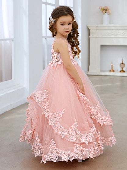 Princess Sleeveless Tulle Gown with Lace Appliques and Sweep Train for Girls