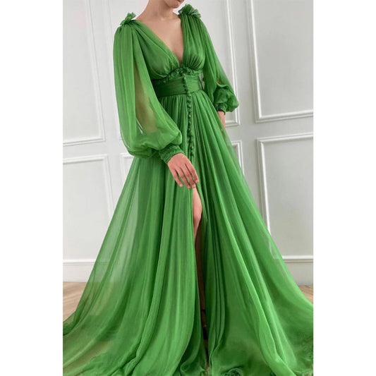 Attractive Deep V-neck Green Tulle Long Sleeves A-line Formal Evening Dress