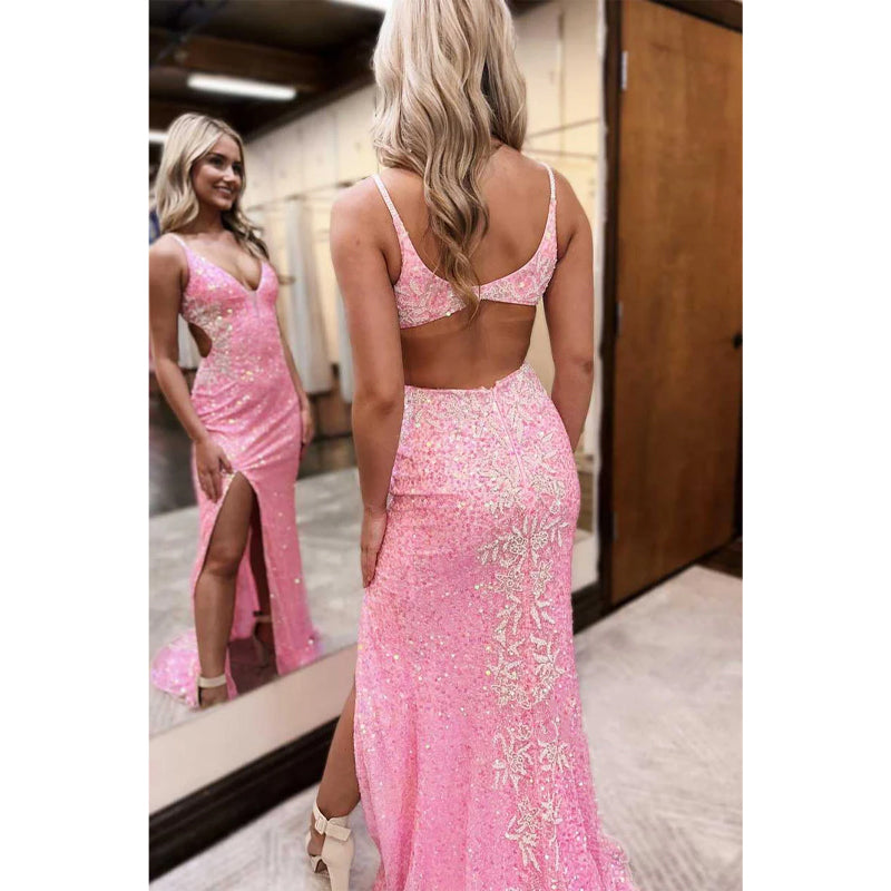 Sparkly Trumpet V-neck Spaghetti Straps Appliques Party Prom Evening Dress