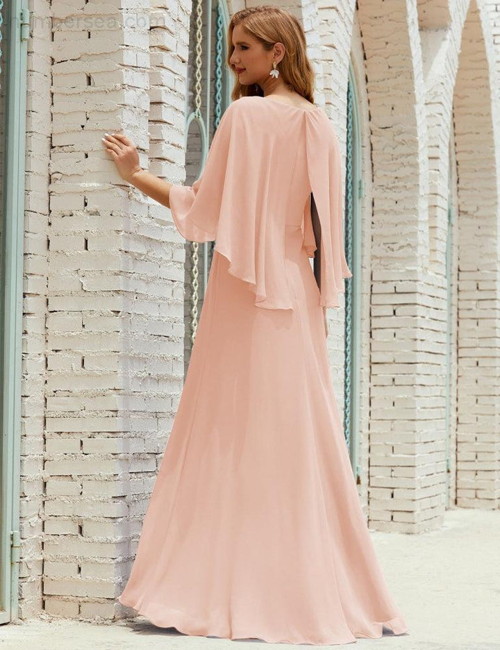 Numbersea Bridesmaid Dress Women Long Sleeve V-Neck Chiffon Formal Wedding Party 28018