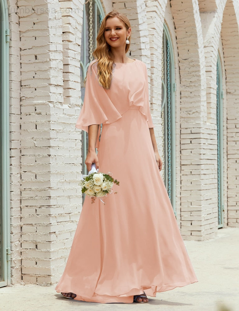 Numbersea Bridesmaid Dress Women Long Sleeve V-Neck Chiffon Formal Wedding Party 28018