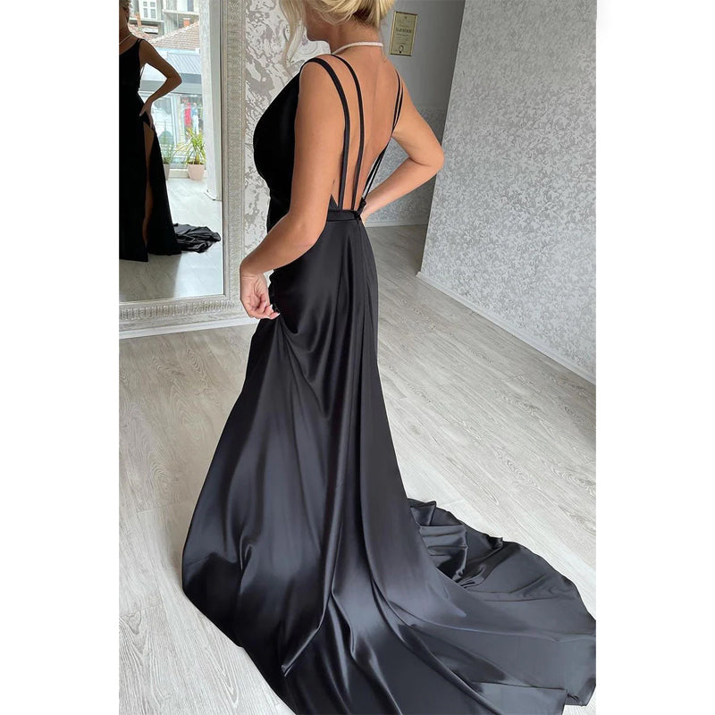 Plunging V-neck Side Slit Long Formal Evening Dress