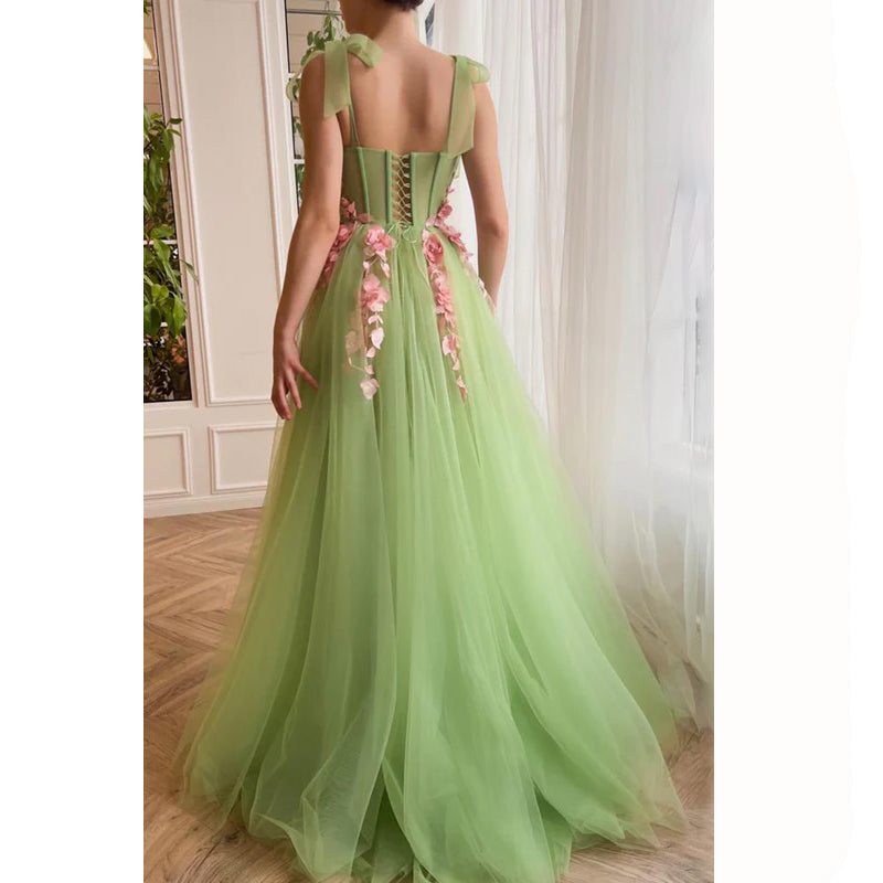 Sweetheart Appliqued Tulle A-Line Long Prom Gown With Slit