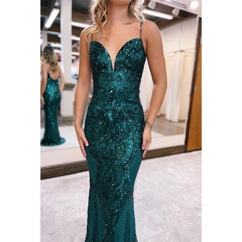 Trumpet V-neck Spaghetti Straps Appliques Party Prom Evening Dress