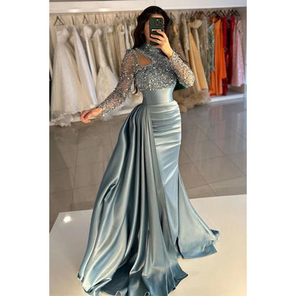 Sheath/column Sequins High Neck Beaded Long Sleeves Prom Evening Gown