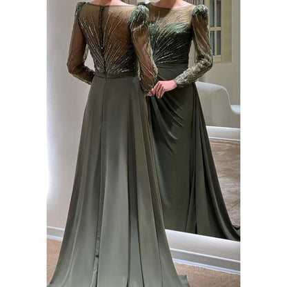 Round Neck Long Sleeves Beaded A-Line Long Prom Evening Gown