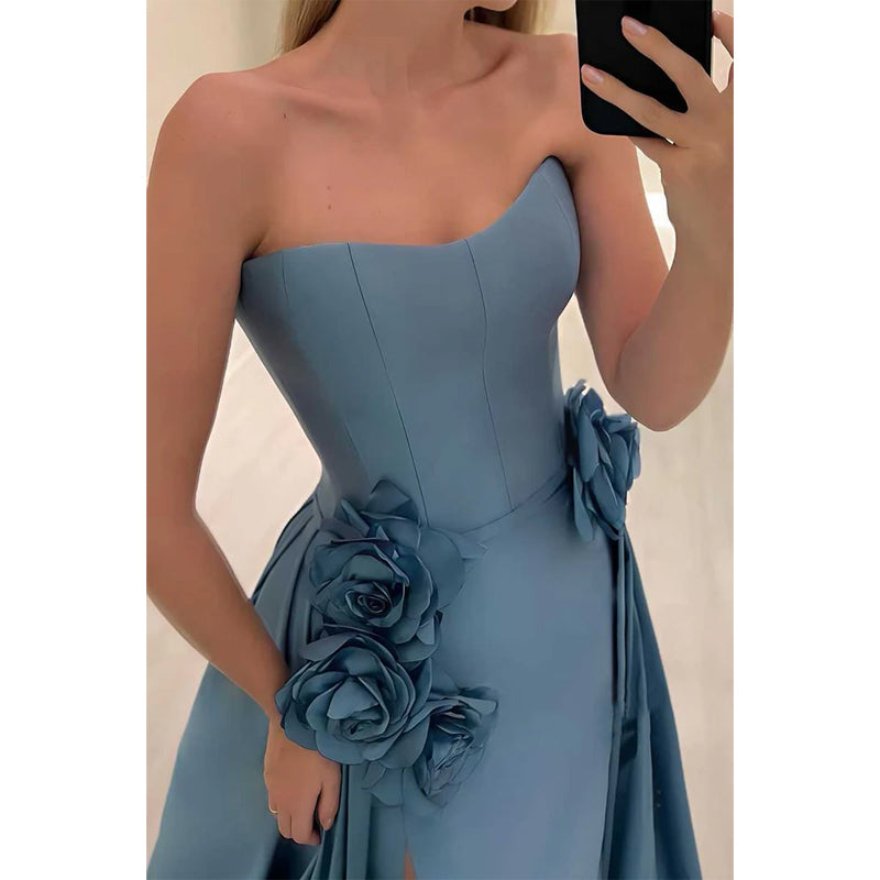 Satin A-Linie Herzausschnitt Blumenprägung mit Schlitz Party Ball Abendkleid 